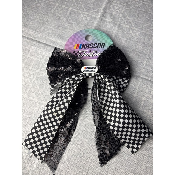Justice Other - Justice NASCAR Hair Bow Girls Black White Checkered Sequin Barrette Racingcore